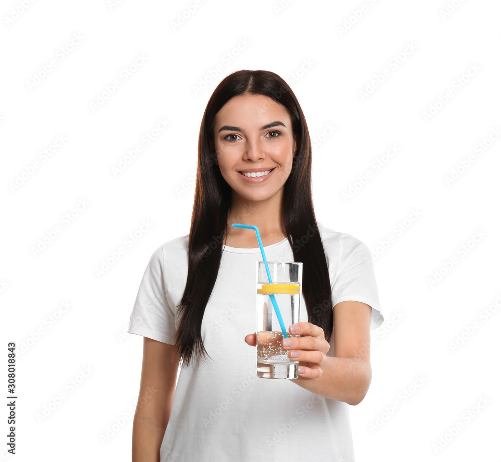 Beautiful young woman with tasty lemon water on white background Beautiful young woman with tasty lemon water on white background