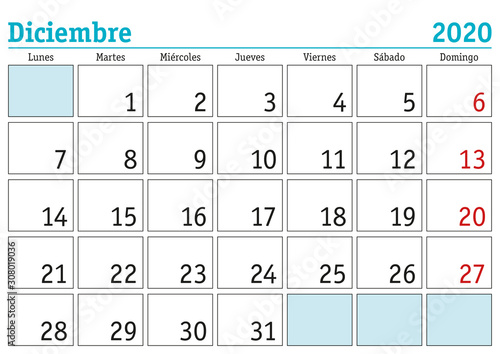 Diciembre 2020 wall calendar spanish