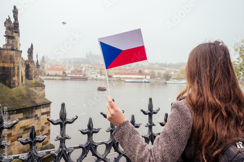 Canvas Print woman wawing with Chezh flag in