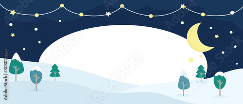 Winter night landscape.Night sky with star and moon.Art design for banner,template,advert,etc.with emply space background.Vector illustration.