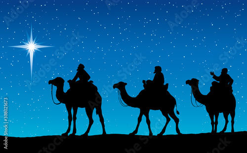 Three Wise kings following Star of Bethlehem. Vector illustration