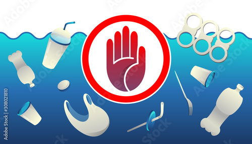 Stop ocean pollution. No plastic signal: protest against plastic debris. The banner consists of a white plastic bag for garbage and stop sign with a hand on a blue background. Ecological poster.