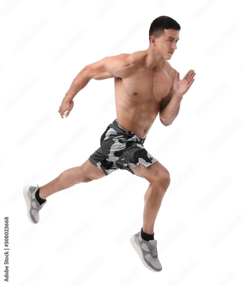 Athletic young man running on white background Athletic young man running on white background