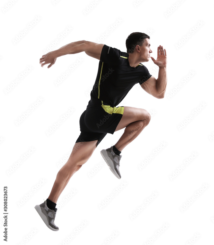 Fototapeta Athletic young man running on white background, side view