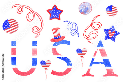 Set of watercolor elements for Independence day USA. Elements are located on a white background. To create posters  banners  cards  printed materials and printing
