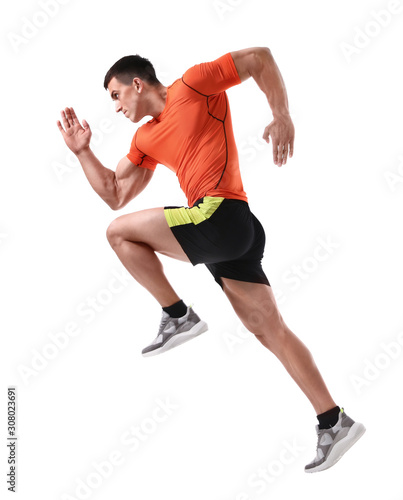 Plakat Athletic young man running on white background, side view