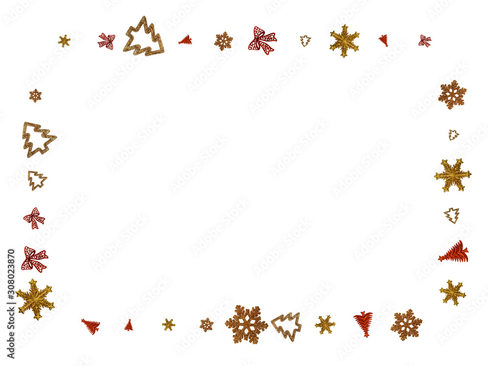 Fototapeta premium Xmas Balls. Gold Christmas decoration isolated on white. New Years Party background. Flat lay design. Copy Space