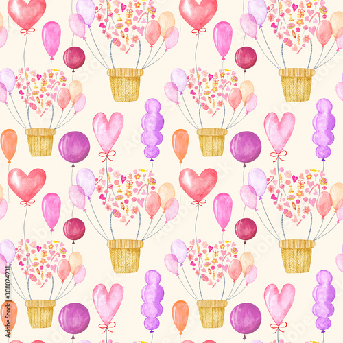 Seamless pattern of watercolor balloons on beige background. For creating patterns, backgrounds, cards, covers, packaging, prints for clothes. Topics: Holidays, Valentine's Day, birthday
