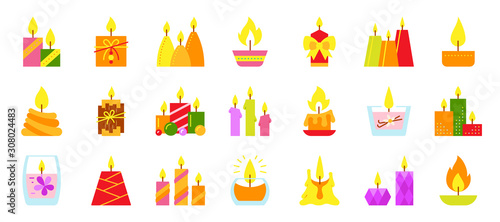 Candle burning flame light flame vector icons set