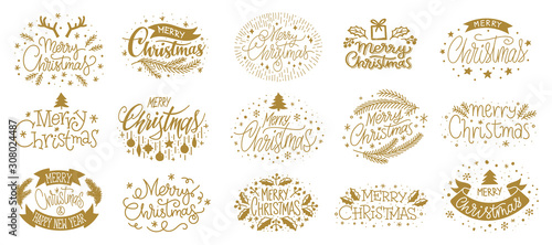 Merry christmas new year gold lettering text set