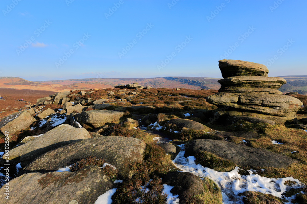 View of Gritstone rocks on Hathersage Moor, Derbyshire County; Peak District National Park; England; UK View of Gritstone rocks on Hathersage Moor, Derbyshire County; Peak District National Park; England; UK