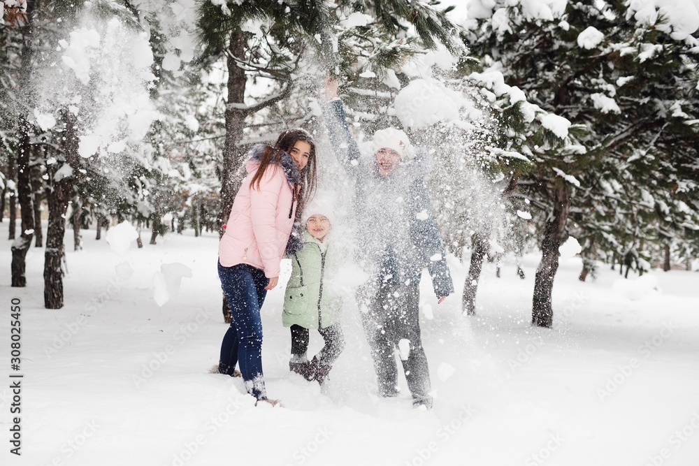 Fototapeta premium family-mother and two daughters have fun and play against the background of snow-covered trees and forests. Winter fun