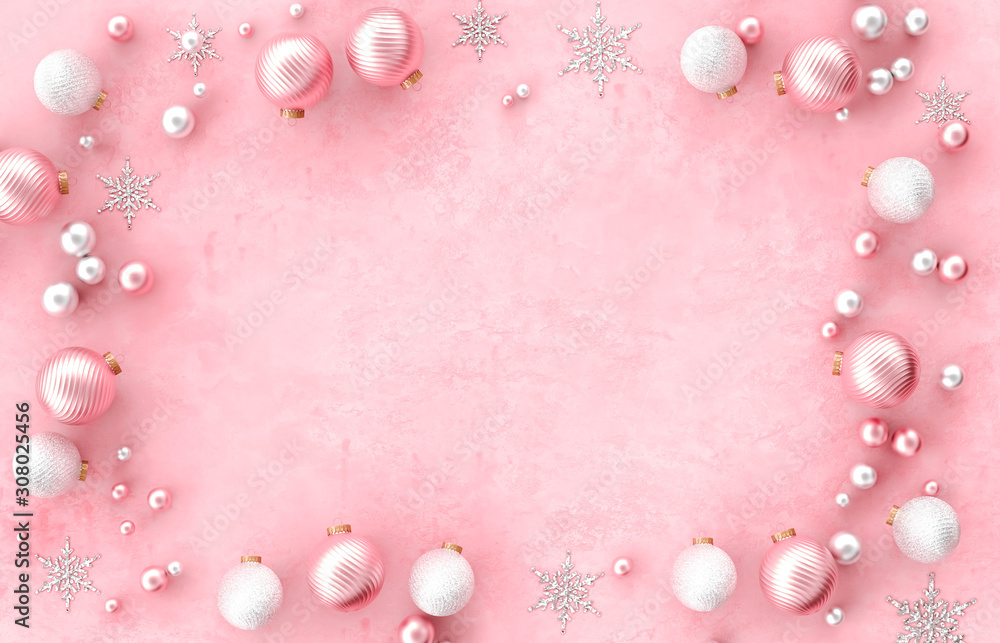 Christmas 3d decoration border frame with Christmas ball, snowflake on pink background. Christmas, winter, new year concept. Flat lay, top view, copy space.
