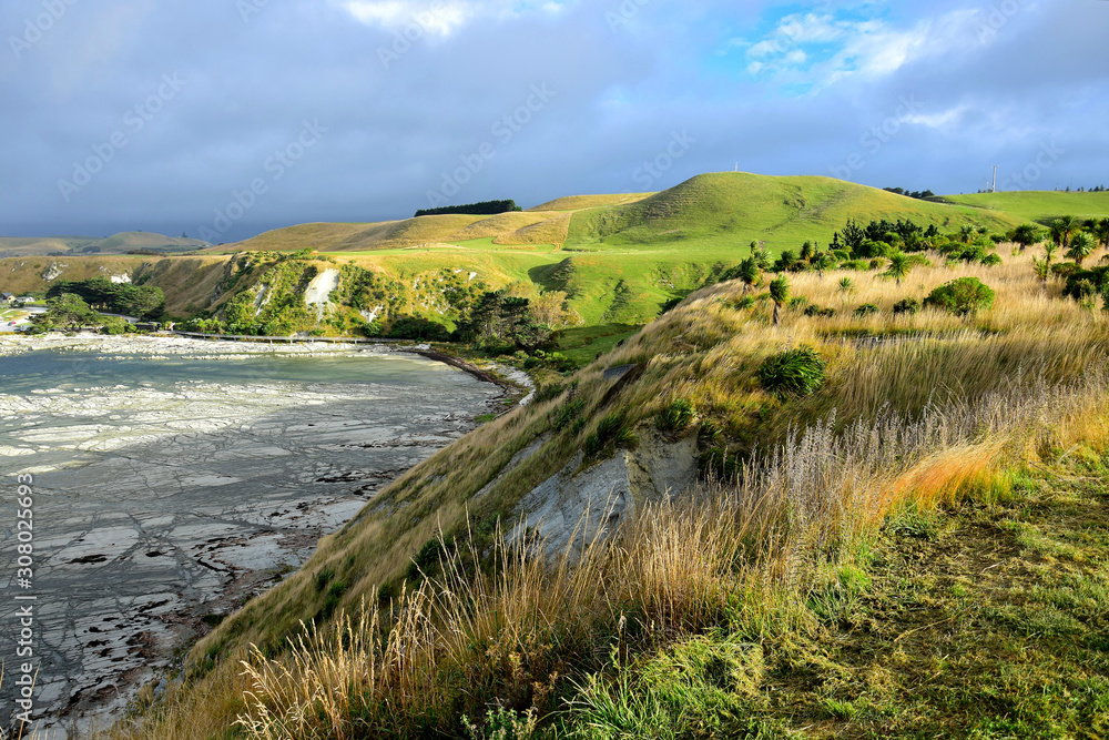 Beautiful New Zealand landscape near Kaikoura, South Bay, with the ocean and landscape under a clouded sky.