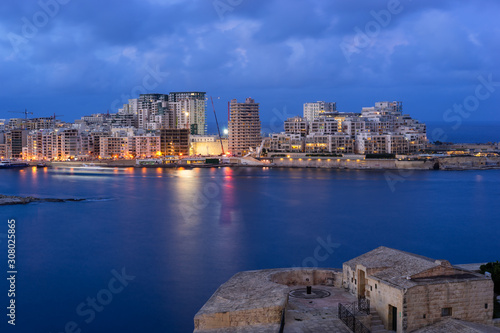 Malta. Panoramic view of Sliema and Marsamxett harbour from Valletta city walls.