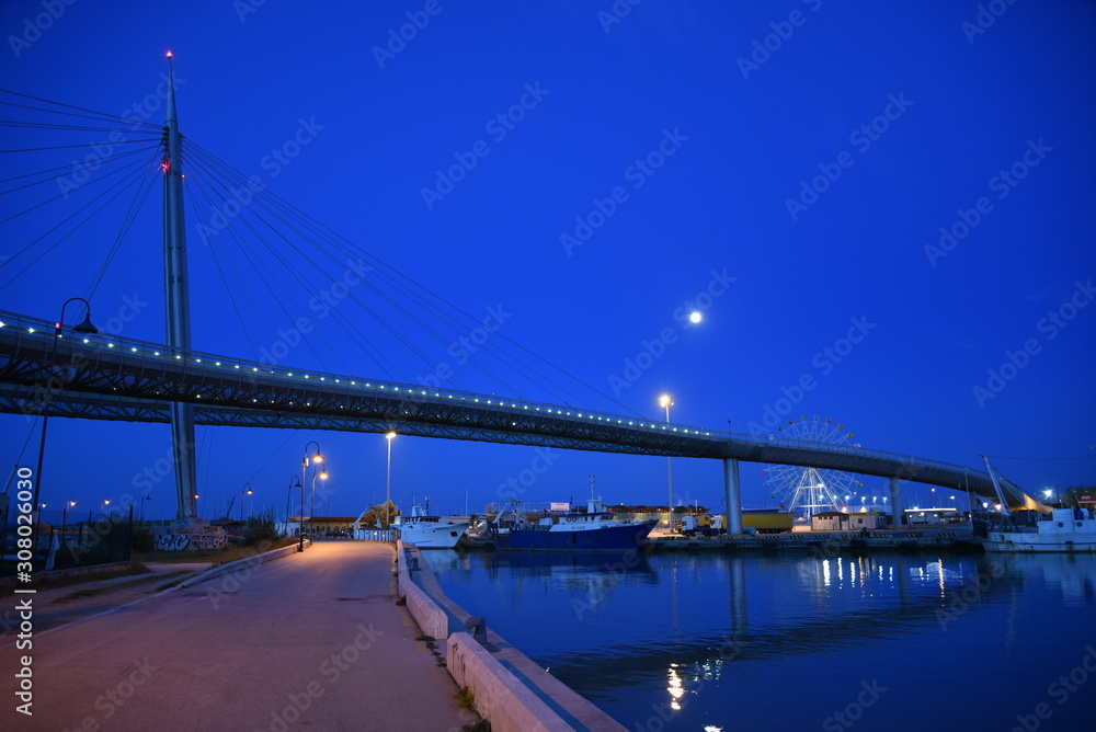 Beautiful View from Ponte del Mare in Pescara by Night in Abruzzo, Italy