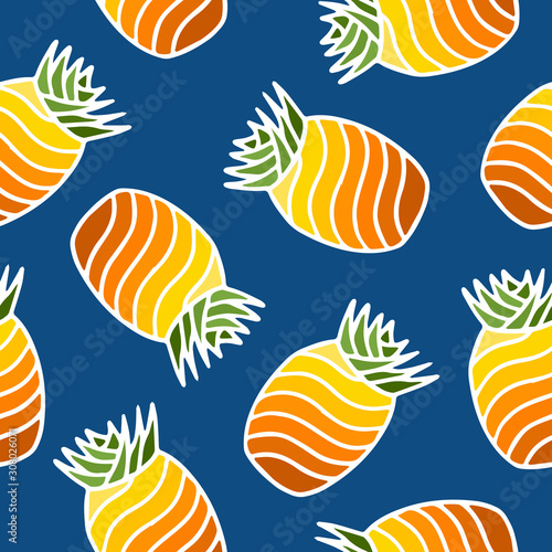 Seamless pattern with bright colored pineapple fruits with leaf on blue background. Modern design. Print for fabric, wrapping papers, wallpapers, covers, summer clothes. Creative vector illustration