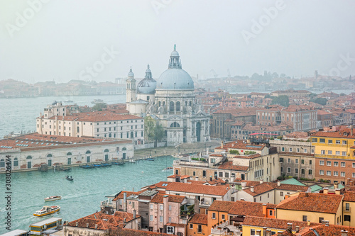 Foggy view from the top of Campanile di San Marco in the morning. Venice, Italy © perekotypole