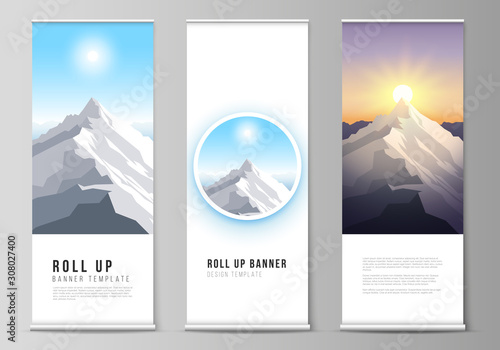 The vector illustration layout of roll up banner stands, vertical flyers, flags design business templates. Mountain illustration, outdoor adventure. Travel concept background. Flat design vector.