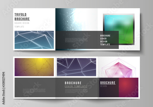 Vector layout of square format covers design templates for trifold brochure, flyer, magazine. 3d polygonal geometric modern design abstract background. Science or technology vector illustration.