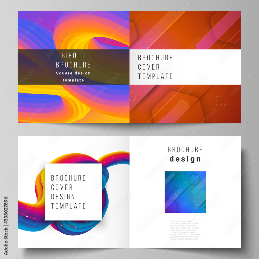 Vector illustration layout of two covers template for square design bifold brochure, magazine, flyer, booklet. Futuristic technology design, colorful backgrounds with fluid gradient shapes composition