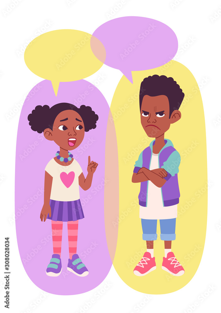 Vector illustration. Black African American children, boy and girl, arguing, discussing or disputing. Two sad and angry cartoon school kids characters with speech bubbles and empty space for text. Vector illustration. Black African American children, boy and girl, arguing, discussing or disputing. Two sad and angry cartoon school kids characters with speech bubbles and empty space for text.