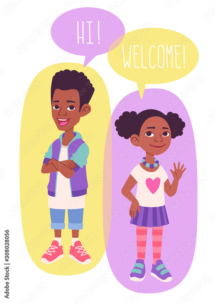 Black African American children, boy and girl full length cartoon characters with comics speech bubbles. Happy and smiling school kids. Colorful vector illustration. Black African American children, boy and girl full length cartoon characters with comics speech bubbles. Happy and smiling school kids. Colorful vector illustration.