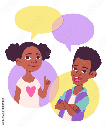 Two cartoon style school kids vector illustration, comics speak bubbles with empty space for text. Black African American children talking, asking and answering questions, advising, helping.  