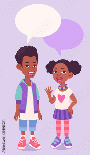 Black African American school kids, boy and girl full length characters portrait. Standing and smiling children with speaking bubbles. Vector comics style cartoon illustration. 