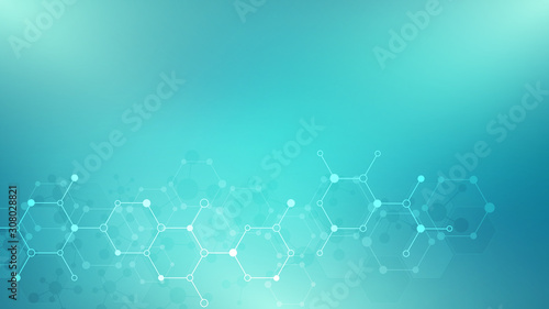 Abstract background of molecules. Molecular structures or chemical engineering, genetic research, innovation technology. Scientific, technical or medical concept.