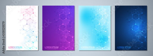 Set of template brochure or cover book, page layout, flyer design with molecular structures background and chemical engineering. Concept and idea for innovation technology and science.