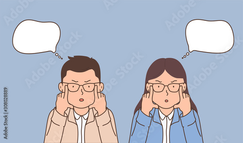 Surprised business woman and man in glasses with speech bubbles.