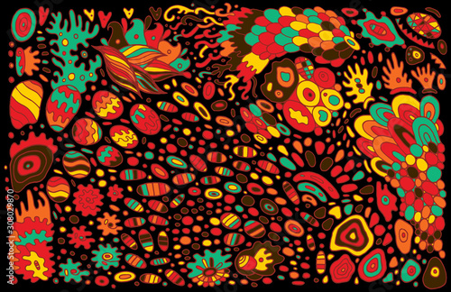 Boho floral doodle pattern. Folk art. Art Brut style. Bohemian and hippie colorful background. Surreal psychedelic artwork. Vector illustration