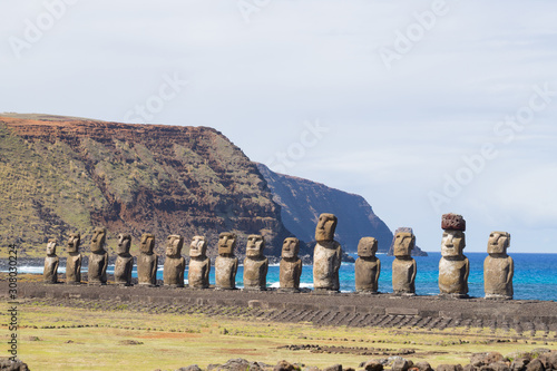 The moais stone platform of Ahu Tongariki on the south coast of Easter Island. Easter Island, Chile