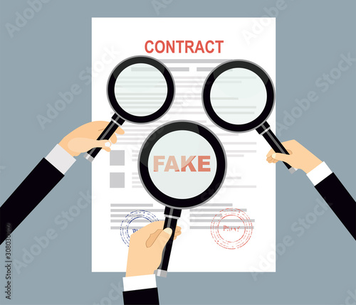 Fake contract with magnifying glass vector illustration