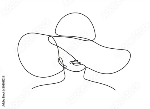 Woman in hat vector one line art. Line illustration. Minimalist print. Black and white. Beauty logo. portrait of young modern woman wearing hat. isolated female portrait. Line art