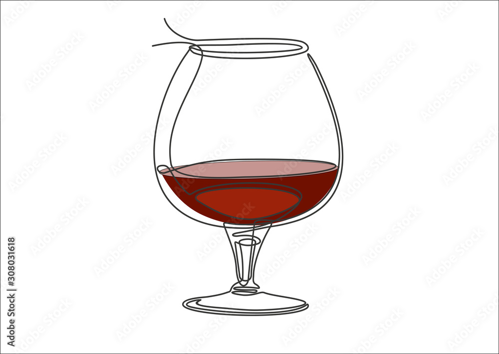 Glass of cognac or brandy continuous one line drawing minimalism design isolated on white background Glass of cognac or brandy continuous one line drawing minimalism design isolated on white background