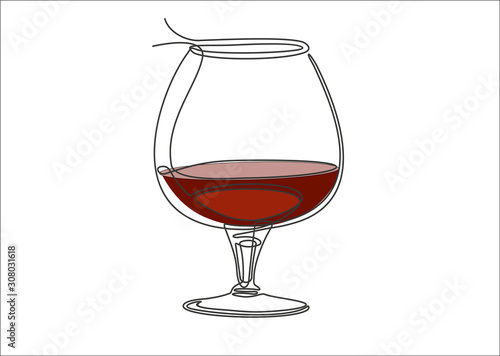 Glass of cognac or brandy continuous one line drawing minimalism design isolated on white background