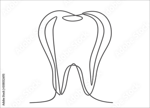 Tooth continuous one line drawing minimalism design isolated on blue background