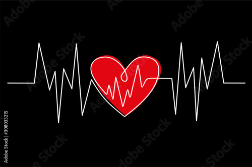 Heart cardiogram continuous one line drawing minimalism design isolated on white background