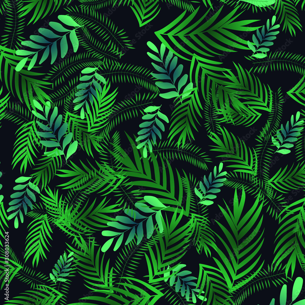 Tropical seamless pattern. Exotic plants on a black background. Vector illustration