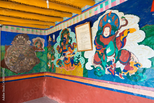 Ladakh, India - Jun 28 2019 - Ancient Mural at Rizong Monastery (Rizong Gompa) in Skurbuchan, Ladakh, Jammu and Kashmir, India. The Monastery was originally built in 1831. photo