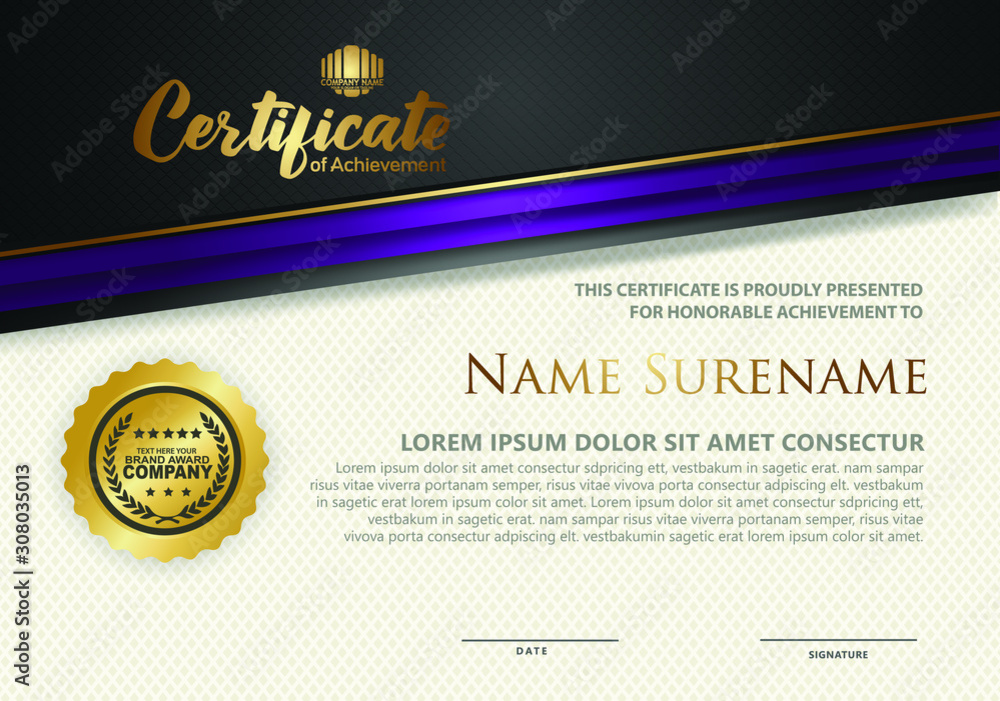 Fototapeta premium Certificate template with luxurious black and golden and colorful line ornament textured background, diploma, Vector illustration