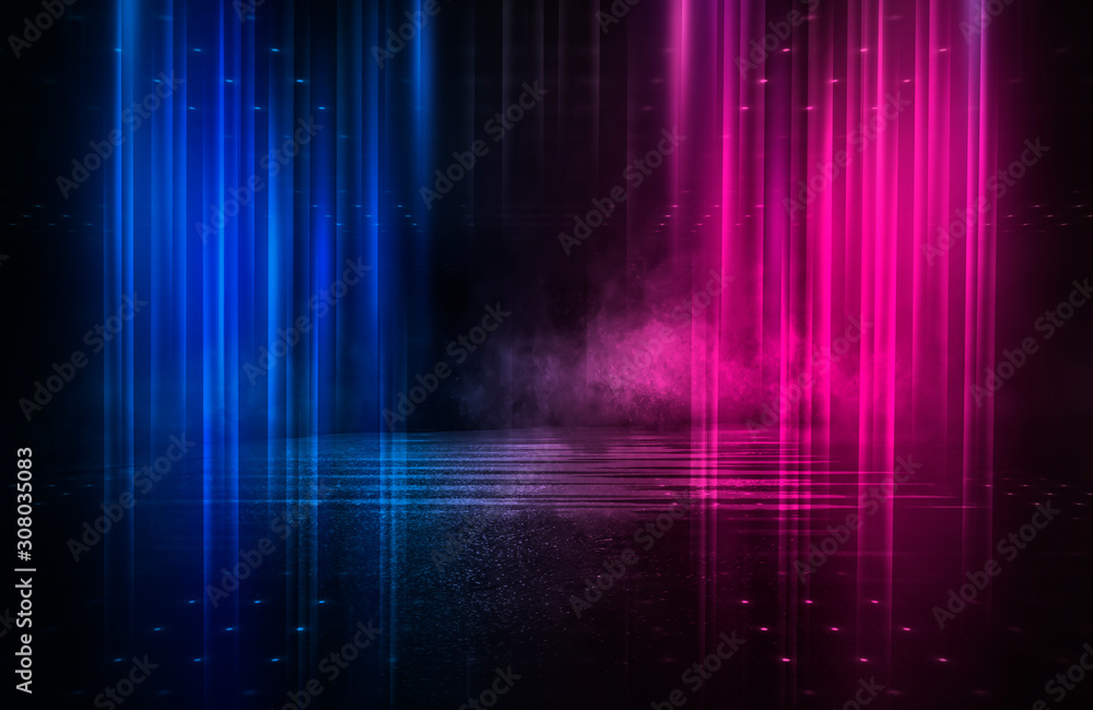 Empty background scene. Dark street reflection on wet asphalt. Rays of neon light in the dark, neon figures, smoke. Background of empty stage show. Abstract dark background. Empty background scene. Dark street reflection on wet asphalt. Rays of neon light in the dark, neon figures, smoke. Background of empty stage show. Abstract dark background.