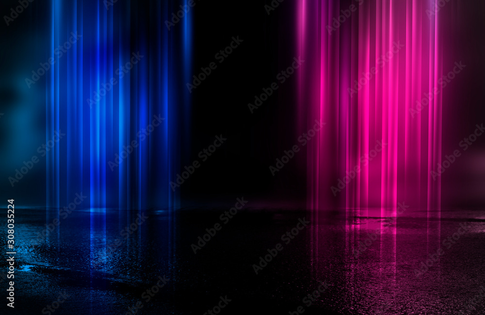 Empty background scene. Dark street reflection on wet asphalt. Rays of neon light in the dark, neon figures, smoke. Background of empty stage show. Abstract dark background. Empty background scene. Dark street reflection on wet asphalt. Rays of neon light in the dark, neon figures, smoke. Background of empty stage show. Abstract dark background.
