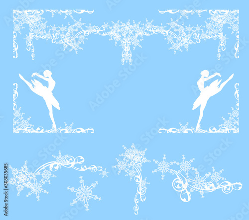 winter holidays decorative frame with snow and dancing ballerina girls - white vector silhouette design set