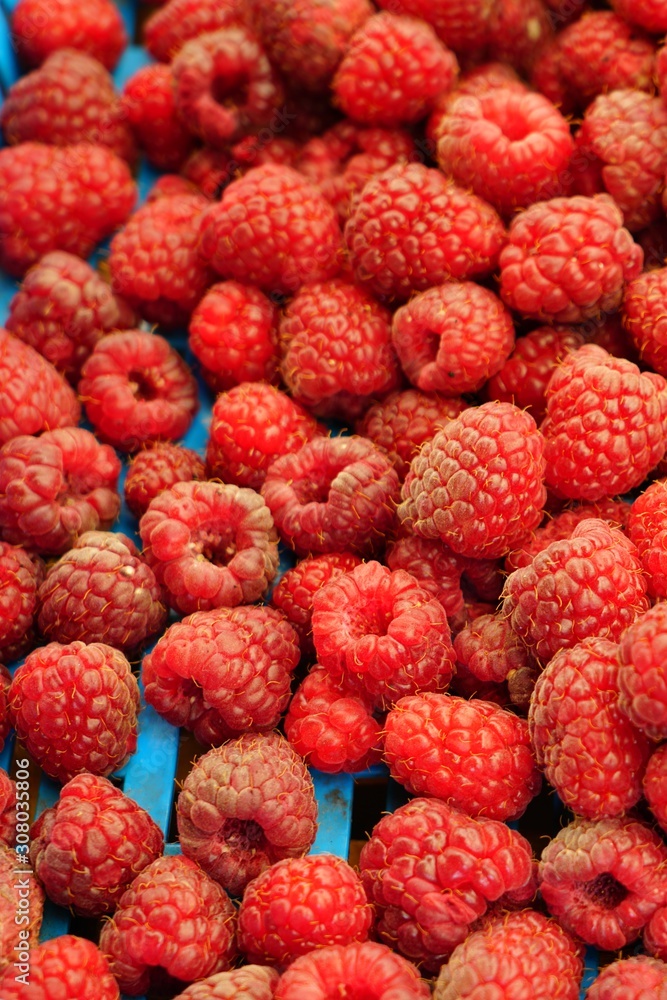 Fresh raspberries at a farmers market Fresh raspberries at a farmers market