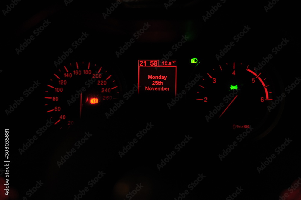 Car speedometer dashboard at nights