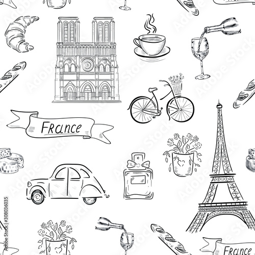 set of travel icons. France, paris , eiffel tower, wine vector seamless pattern on white background . Concept for print, textile, cards 