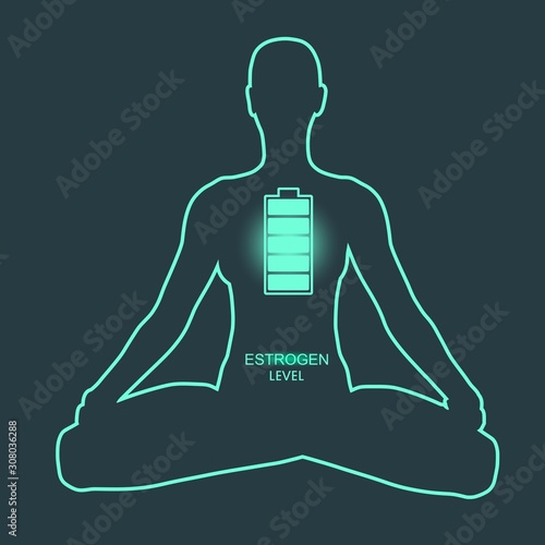 Hormone estrogen level measuring scale. Health care concept illustration. sit in meditation pose silhouette.